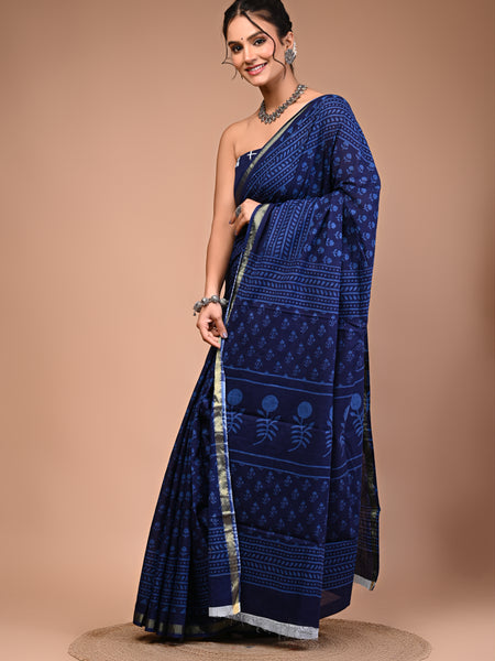 Lovwear Blue Dot Naveen Cotton MulMul Saree with Zari Border - Pleats & Full Length View
