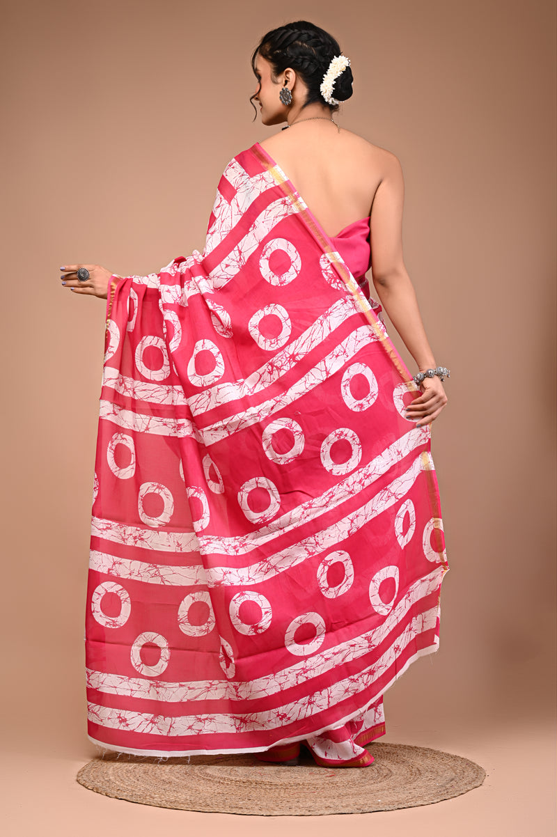 Lovwear Pink Gola Circular Cotton MulMul Saree with Zari Border - Front View
