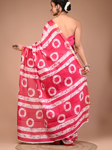 Lovwear Pink Gola Circular Cotton MulMul Saree with Zari Border - Front View