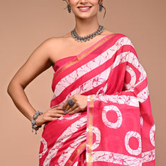 Lovwear Pink Gola Circular Cotton MulMul Saree with Zari Border - Fabric Texture View