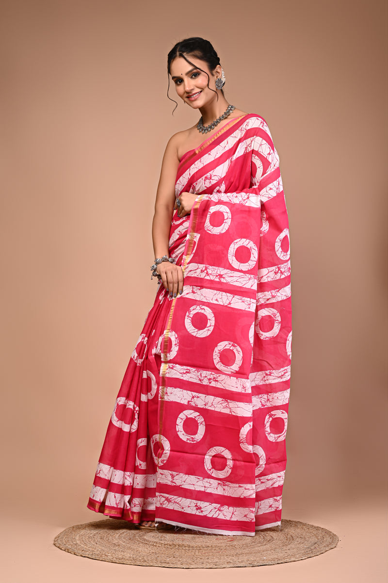 Lovwear Pink Gola Circular Cotton MulMul Saree with Zari Border - Pleats & Full Length View