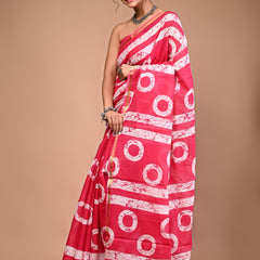Lovwear Pink Gola Circular Cotton MulMul Saree with Zari Border - Pleats & Full Length View