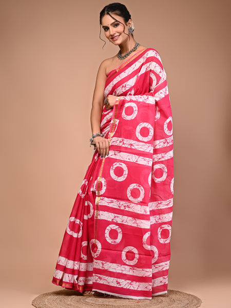 Lovwear Pink Gola Circular Cotton MulMul Saree with Zari Border - Pleats & Full Length View