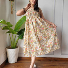 Women Cream Mustard & Pink Floral Printed Smocked Cotton Midi Dress - Side / Back View