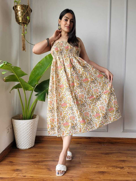 Women Cream Mustard & Pink Floral Printed Smocked Cotton Midi Dress - Side / Back View