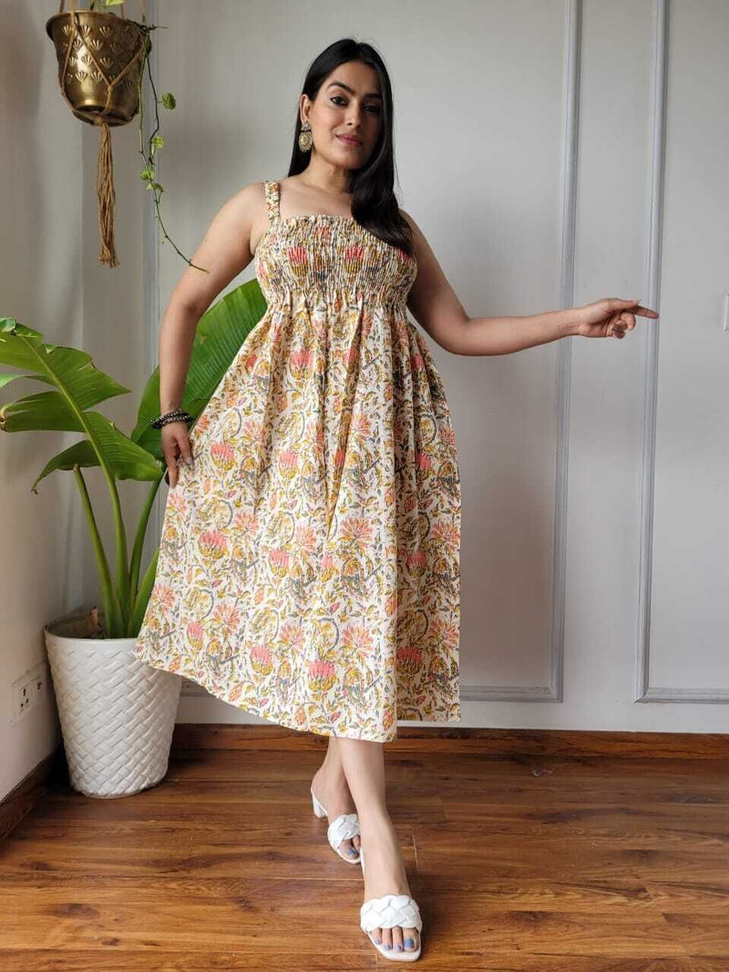 Women Cream Mustard & Pink Floral Printed Smocked Cotton Midi Dress - Bodice & Fabric Detail View
