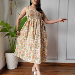 Women Cream Mustard & Pink Floral Printed Smocked Cotton Midi Dress - Bodice & Fabric Detail View