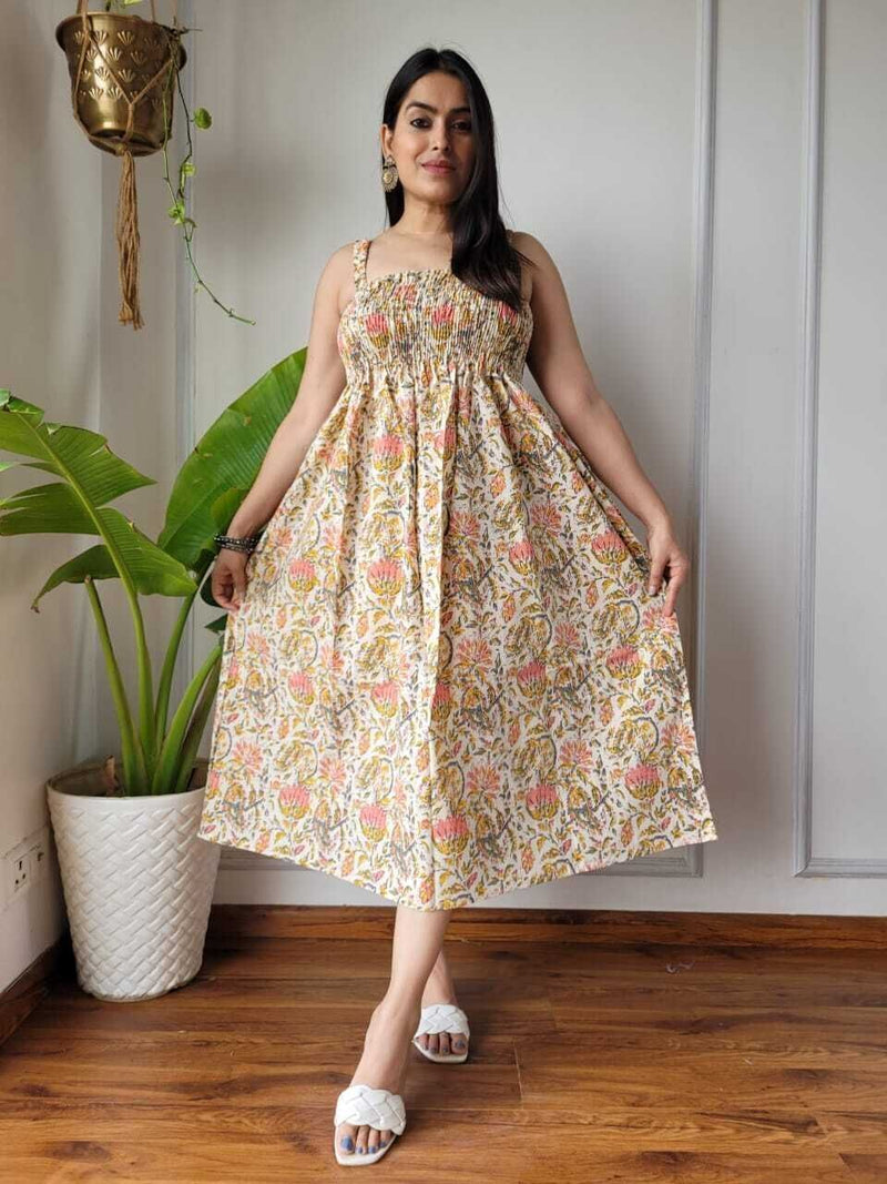 Women Cream Mustard & Pink Floral Printed Smocked Cotton Midi Dress - Flowy Flare View