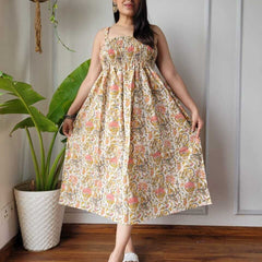 Women Cream Mustard & Pink Floral Printed Smocked Cotton Midi Dress - Flowy Flare View