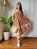 Women Rust Red & Cream Paisley Printed Smocked Cotton Midi Dress