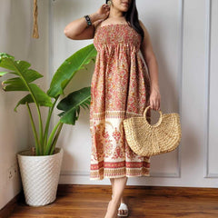 Women Rust Red & Cream Paisley Printed Smocked Cotton Midi Dress - Side / Back View