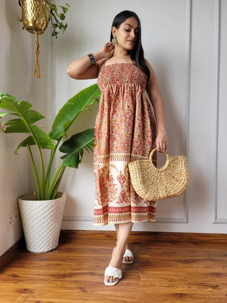 Women Rust Red & Cream Paisley Printed Smocked Cotton Midi Dress - Side / Back View