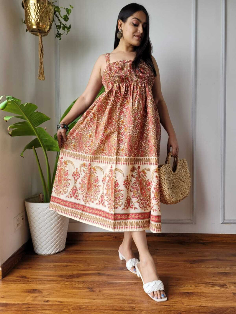 Women Rust Red & Cream Paisley Printed Smocked Cotton Midi Dress - Bodice & Fabric Detail View