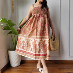 Women Rust Red & Cream Paisley Printed Smocked Cotton Midi Dress - Bodice & Fabric Detail View