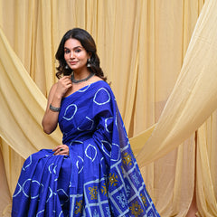 Women's Blue Gola Circular Motif Pure Cotton Mulmul Saree - Front View