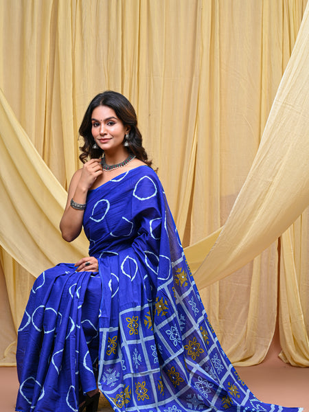 Women's Blue Gola Circular Motif Pure Cotton Mulmul Saree - Front View