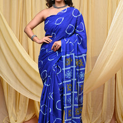 Women's Blue Gola Circular Motif Pure Cotton Mulmul Saree - Side / Back View