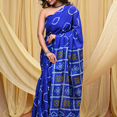 Women's Blue Gola Circular Motif Pure Cotton Mulmul Saree - Drape View