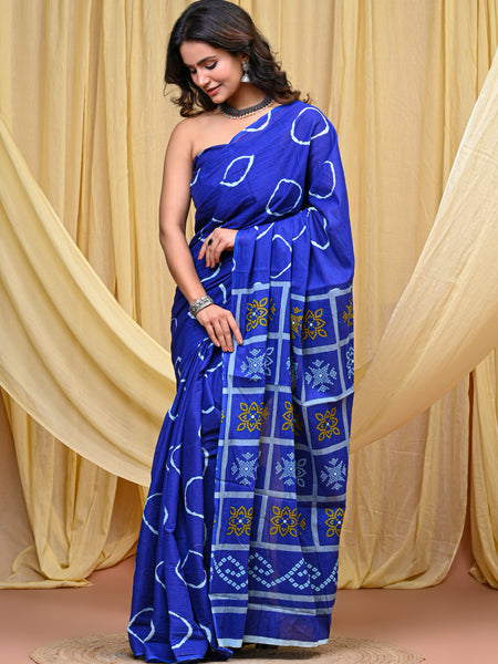 Women's Blue Gola Circular Motif Pure Cotton Mulmul Saree - Drape View
