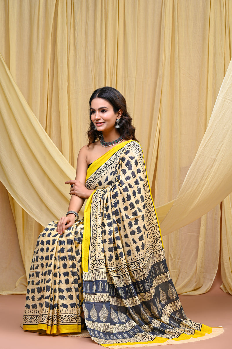 Women's Grey&Cream Elephant Motif Pure Cotton Mulmul Saree - Front View