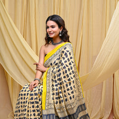 Women's Grey&Cream Elephant Motif Pure Cotton Mulmul Saree - Front View