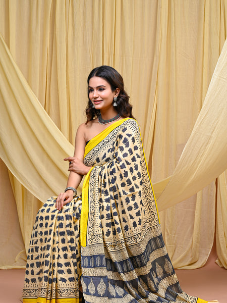 Women's Grey&Cream Elephant Motif Pure Cotton Mulmul Saree - Front View