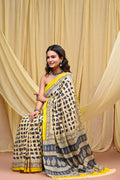 Women's Grey&Cream Elephant Motif Pure Cotton Mulmul Saree