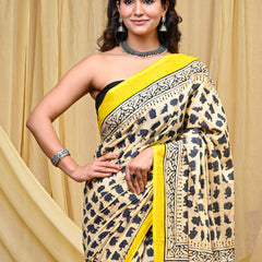 Women's Grey&Cream Elephant Motif Pure Cotton Mulmul Saree - Side / Back View