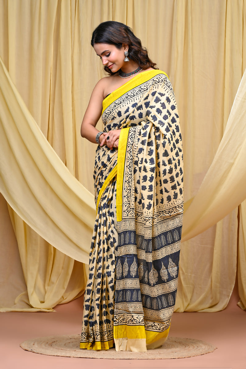 Women's Grey&Cream Elephant Motif Pure Cotton Mulmul Saree - Drape View