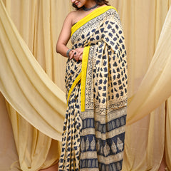 Women's Grey&Cream Elephant Motif Pure Cotton Mulmul Saree - Drape View