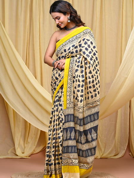 Women's Grey&Cream Elephant Motif Pure Cotton Mulmul Saree - Drape View