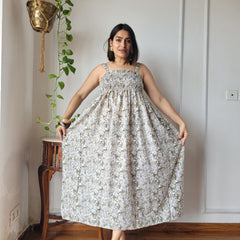 Women Beige Floral Printed Smocked Cotton Midi Dress - Side / Back View