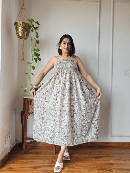 Women Beige Floral Printed Smocked Cotton Midi Dress - Side / Back View