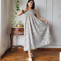 Women Beige Floral Printed Smocked Cotton Midi Dress - Bodice & Fabric Detail View
