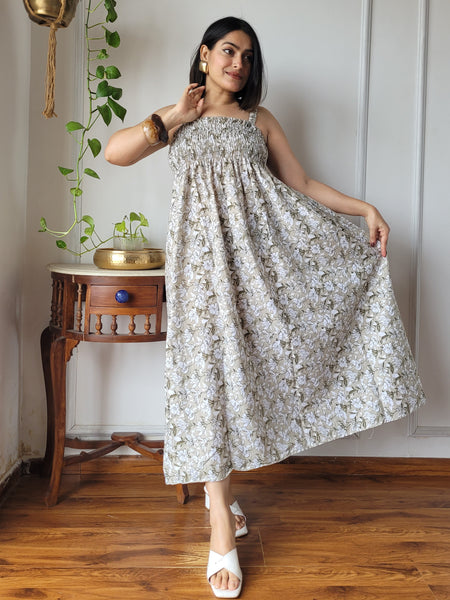 Women Beige Floral Printed Smocked Cotton Midi Dress - Bodice & Fabric Detail View