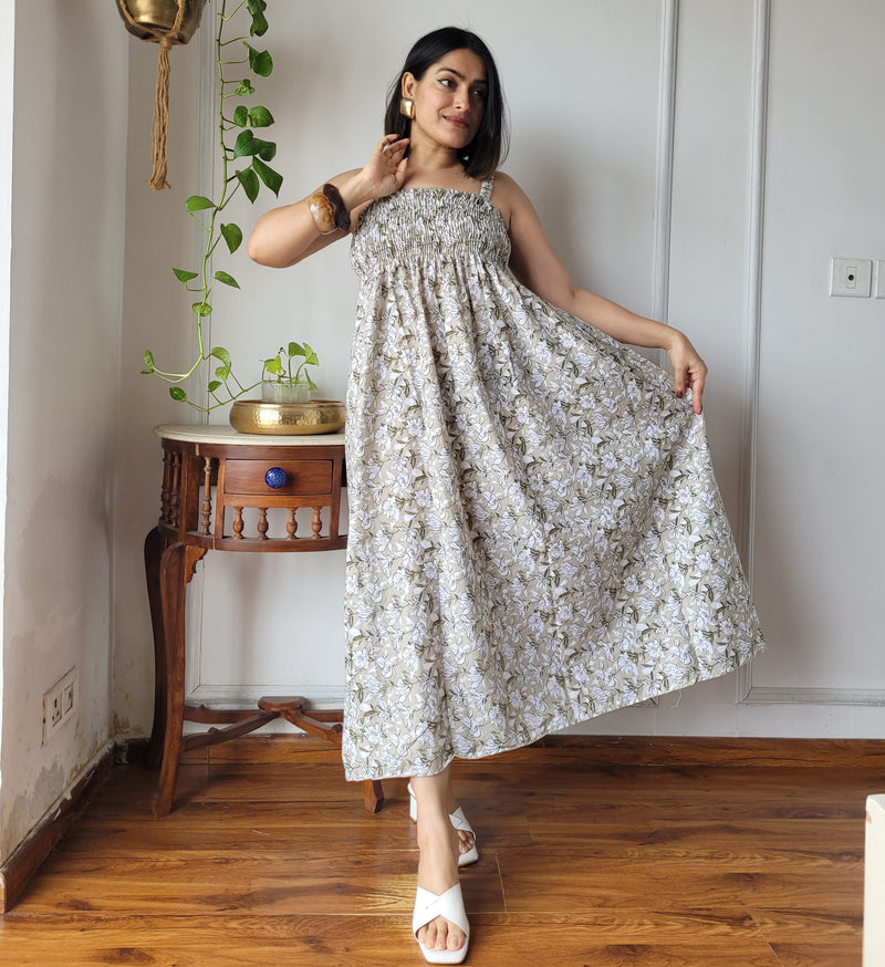 Women Beige Floral Printed Smocked Cotton Midi Dress - Bodice & Fabric Detail View