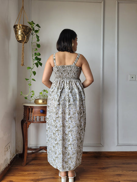 Women Beige Floral Printed Smocked Cotton Midi Dress - Flowy Flare View
