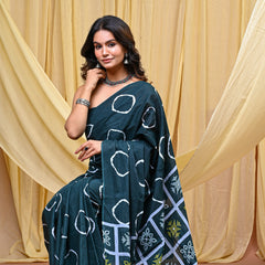 Women's Green Gola Circular Motif Pure Cotton Mulmul Saree - Front View
