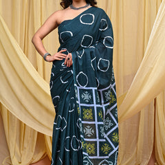 Women's Green Gola Circular Motif Pure Cotton Mulmul Saree - Side / Back View