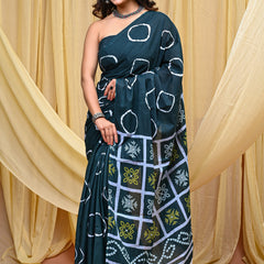 Women's Green Gola Circular Motif Pure Cotton Mulmul Saree - Drape View