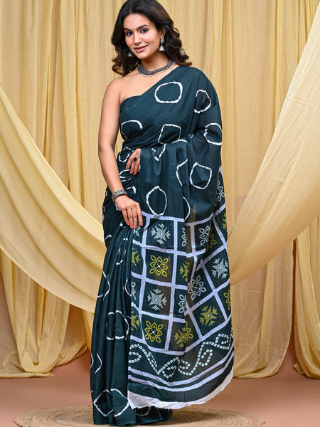 Women's Green Gola Circular Motif Pure Cotton Mulmul Saree - Drape View
