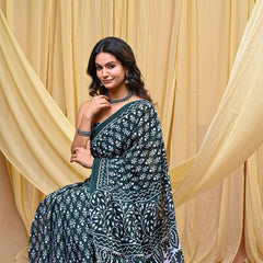 Women's Green Trishul Motif Pure Cotton Mulmul Saree - Front View