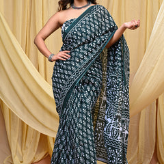 Women's Green Trishul Motif Pure Cotton Mulmul Saree - Side / Back View