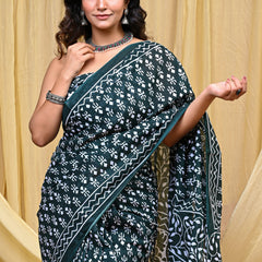 Women's Green Trishul Motif Pure Cotton Mulmul Saree - Detail View