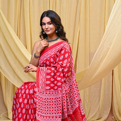 Women's Maroon Patti Stripe Pure Cotton Mulmul Saree - Front View