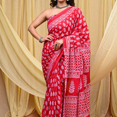 Women's Maroon Patti Stripe Pure Cotton Mulmul Saree - Side / Back View