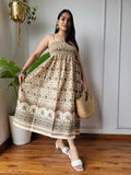 Women Olive Green & Cream Floral Peacock Border Printed Smocked Cotton Midi Dress