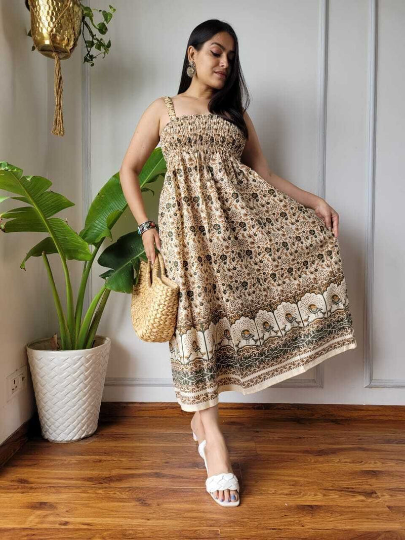 Women Olive Green & Cream Floral Peacock Border Printed Smocked Cotton Midi Dress - Side / Back View