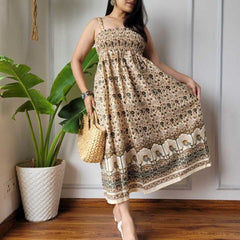 Women Olive Green & Cream Floral Peacock Border Printed Smocked Cotton Midi Dress - Side / Back View