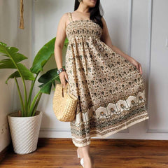 Women Olive Green & Cream Floral Peacock Border Printed Smocked Cotton Midi Dress - Bodice & Fabric Detail View